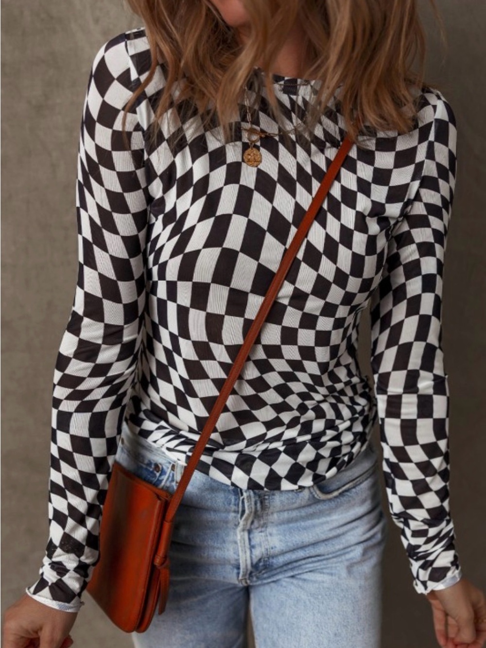Black & White Optical Check Long Sleeve Top